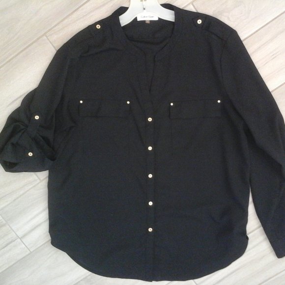 Calvin Klein Black Semi Sheer Button Front Blouse.   Size XL. - Picture 5 of 5
